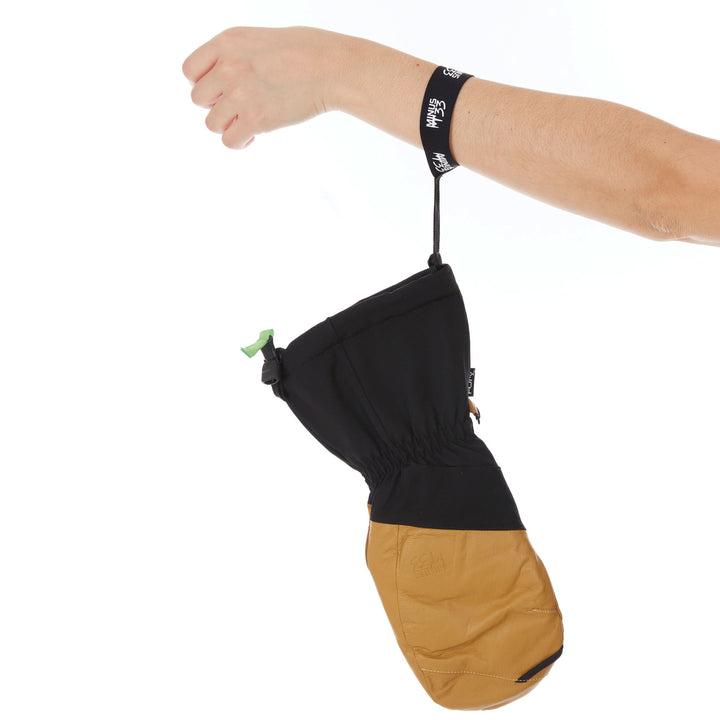 winter guide glove heavyweight wool waterproof mitten mitts, single mitten hanging from wrist strap, back view 