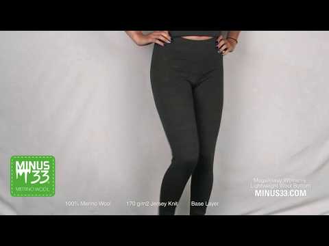 The video shows a woman modeling a pair of one hundred percent merino wool lightweight women&